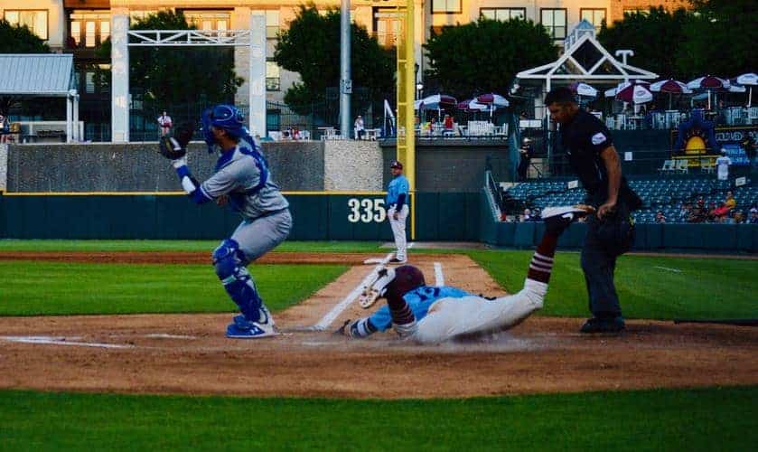 Leblanc scores at the plate, Photo Credit: Greg Scallan