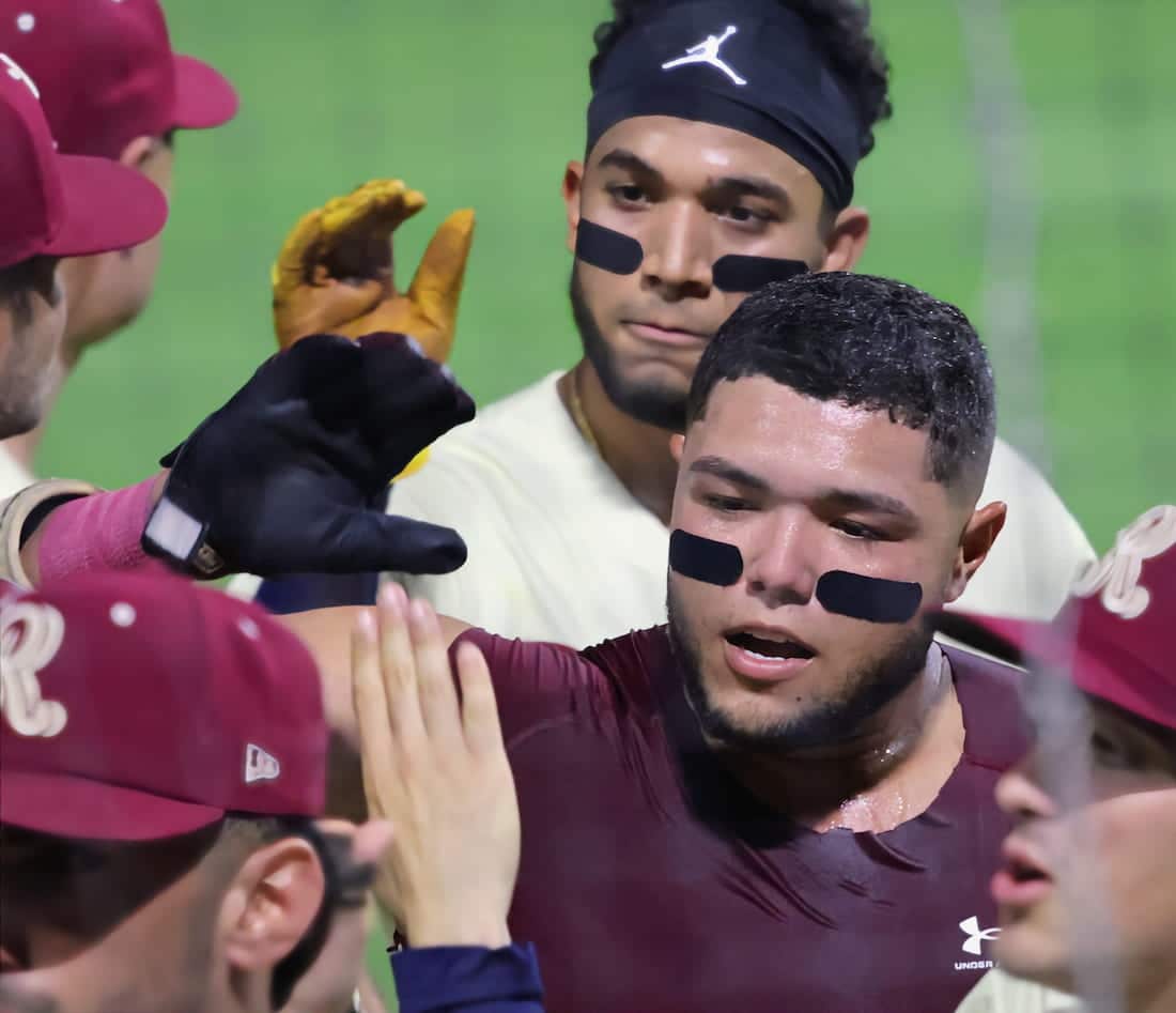 Abimelec Ortiz and the Frisco RoughRiders celebrate his walk-off sacrifice fly in the bottom of the 11th inning to force a game three in the Texas League Division Series. September 19, 2024